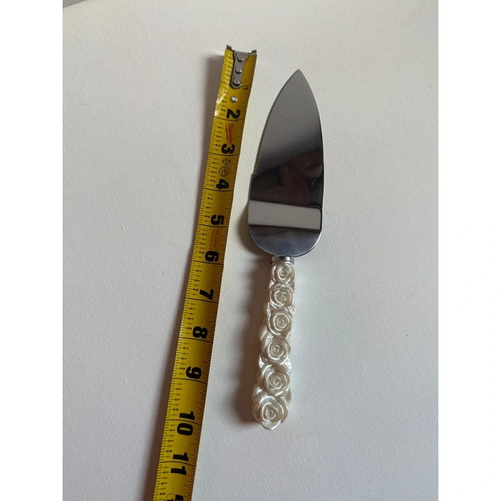 Vintage Rose Handle Stainless Steel Cake Server Pearlescent White Wedding Slicer